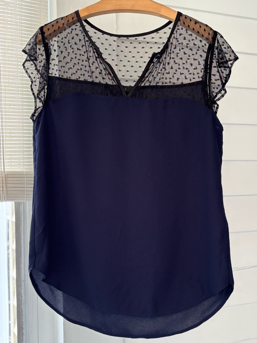 J. Crew Navy Sheer Swiss Dot Cap-Sleeve Blouse